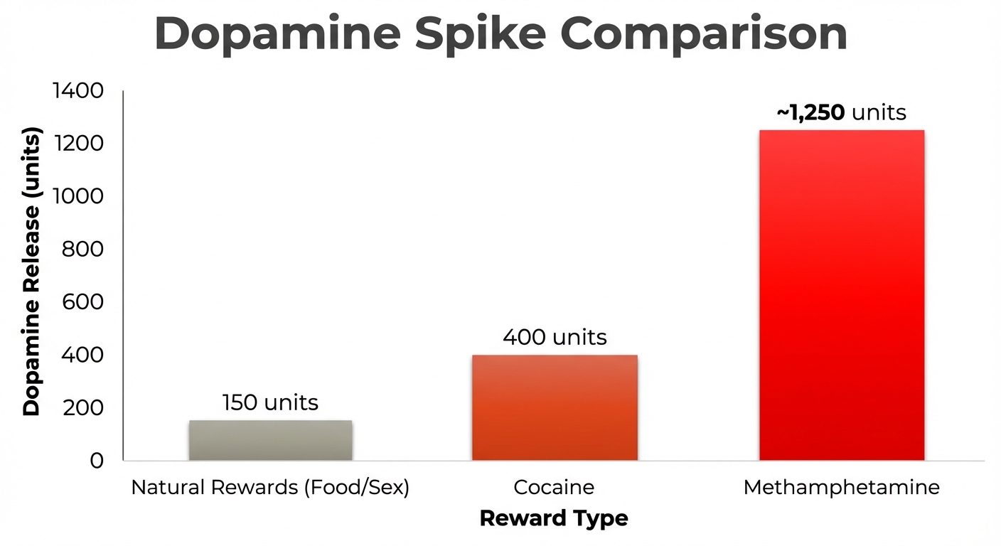 Visual comparison of dopamine levels from natural rewards versus methamphetamine