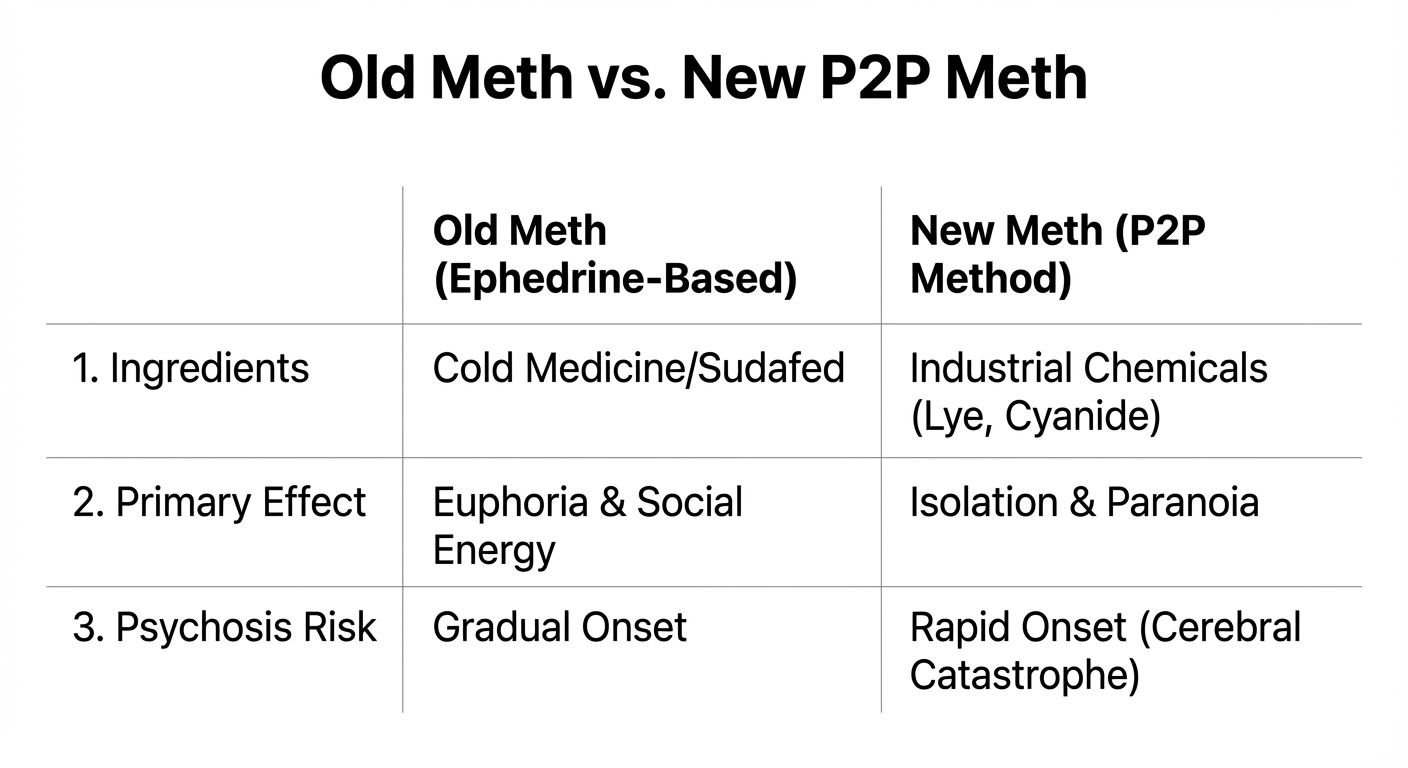 Comparison of old ephedrine-based methamphetamine versus new P2P methamphetamine
