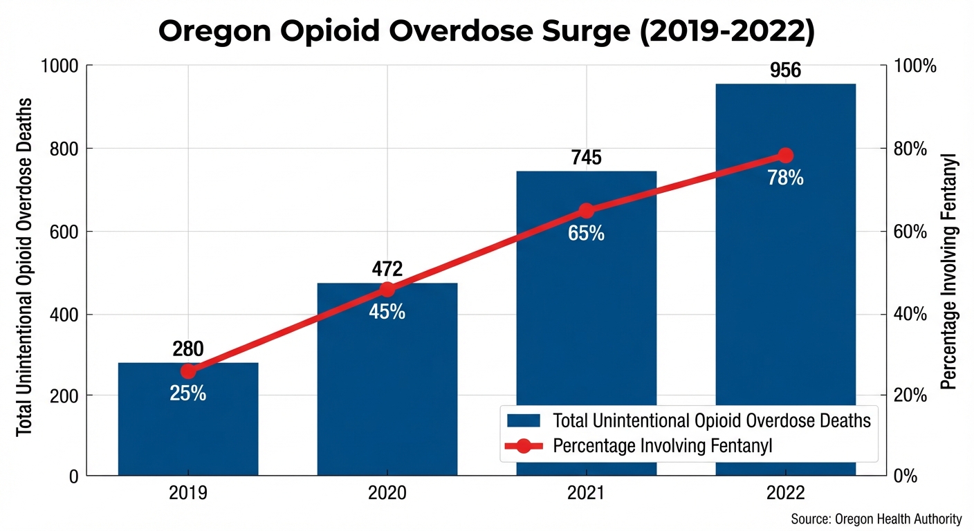 Oregon opioid overdose deaths chart showing dramatic increase from 2019 to 2022