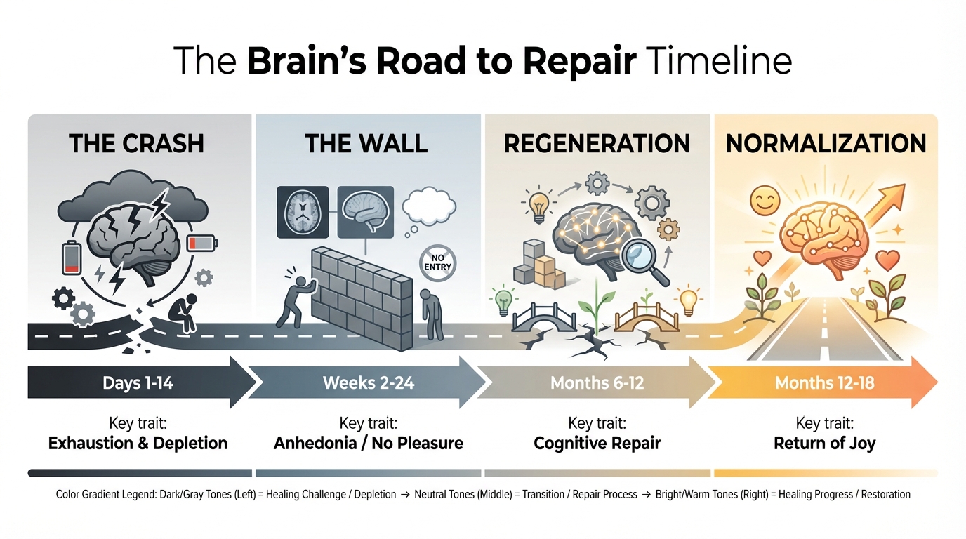 Timeline illustrating the brain's recovery phases from methamphetamine-induced psychosis