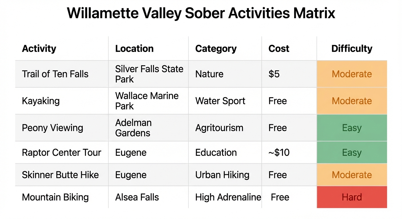 Willamette Valley Sober Activities Matrix